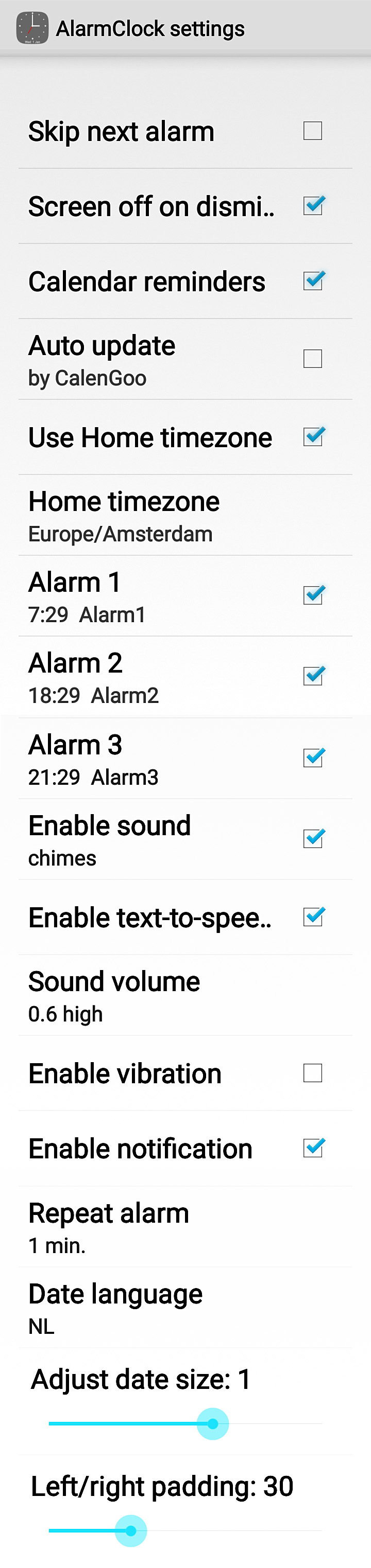 AlarmClock instellingen AlarmClock instellingen